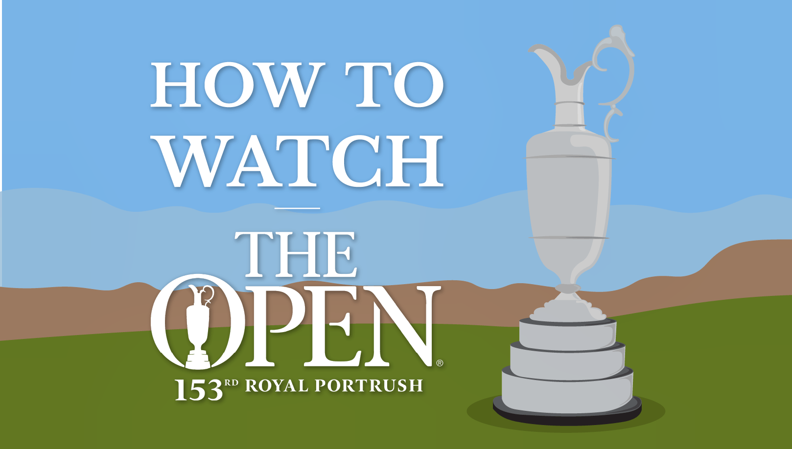The Claret Jug, given to the winner of The Open Championship, sits on a an open green space, with the title of the content written beside.